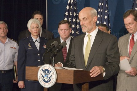 Washington, DC, August 31, 2005 -- Michael Chertoff, Secretary of Homeland Security, at a press conference at Homeland Security Headquarters, The press conference was also attended by Stephen Johnson from the Environmental Protection Agency, Secretary Michael Leavitt of the Department of Health and Human Services, Secretary Samuel Bodman of the Department of Energy, Secretary Norman Mineta, Department of Transportation, Rear Admiral Joel Whitehead, US Coast Guard, Acting Deputy Director Patrick Rhode of FEMA and Assisstant Secretary for Homeland Defense Paul McHale from the Department of Defense. Photo by Ed Edahl/FEMA