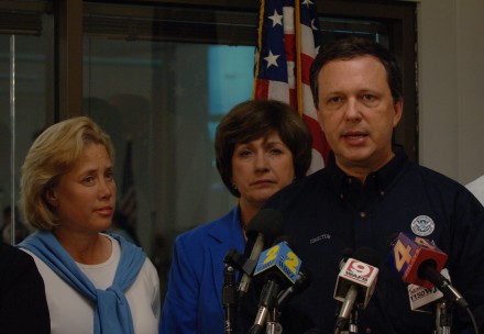 FEMA chief Michael Brown alongside Governor Kathleen Blanco and Senator Mary Landrieu